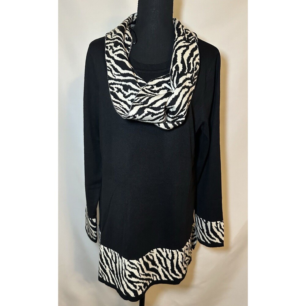 NOTATIONS Animal Print Black Zebra Sweater Detachable Neck Scarf Women's XL NWT